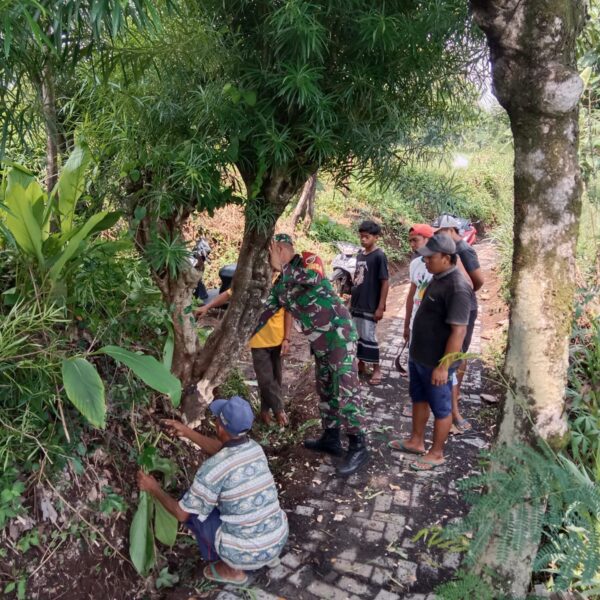 Kerja Bhakti dan Komsos: Babinsa Koramil 0820-07/Wonomerto Potong Pohon Halangi Jalan di Desa Jrebeng