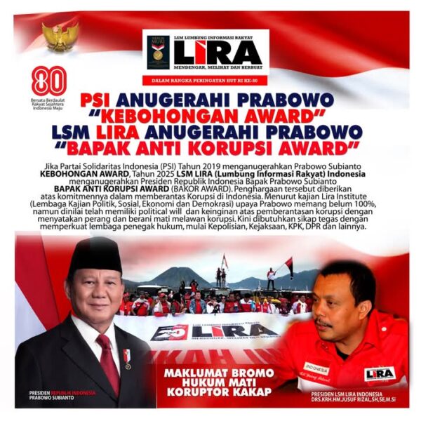Bakor Award 2025, LIRA Akui Keberanian Prabowo Lawan Korupsi