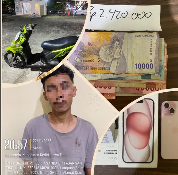 Kurang dari 24 Jam, Pembobol ATM Gasak Rp30 Juta Berhasil Dibekuk Polres Kediri