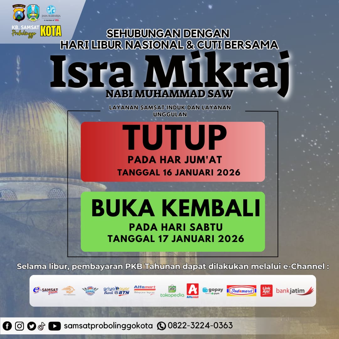 Libur Isra Mikraj, Layanan Samsat Kota Probolinggo Tutup Sementara