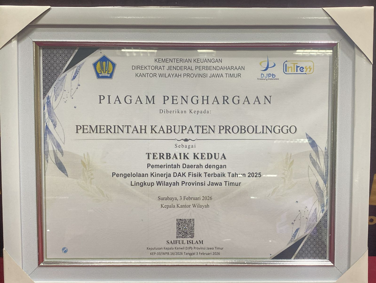 Pemkab Probolinggo Raih Predikat Terbaik II Pengelolaan Kinerja DAK Fisik 2025 se-Jawa Timur