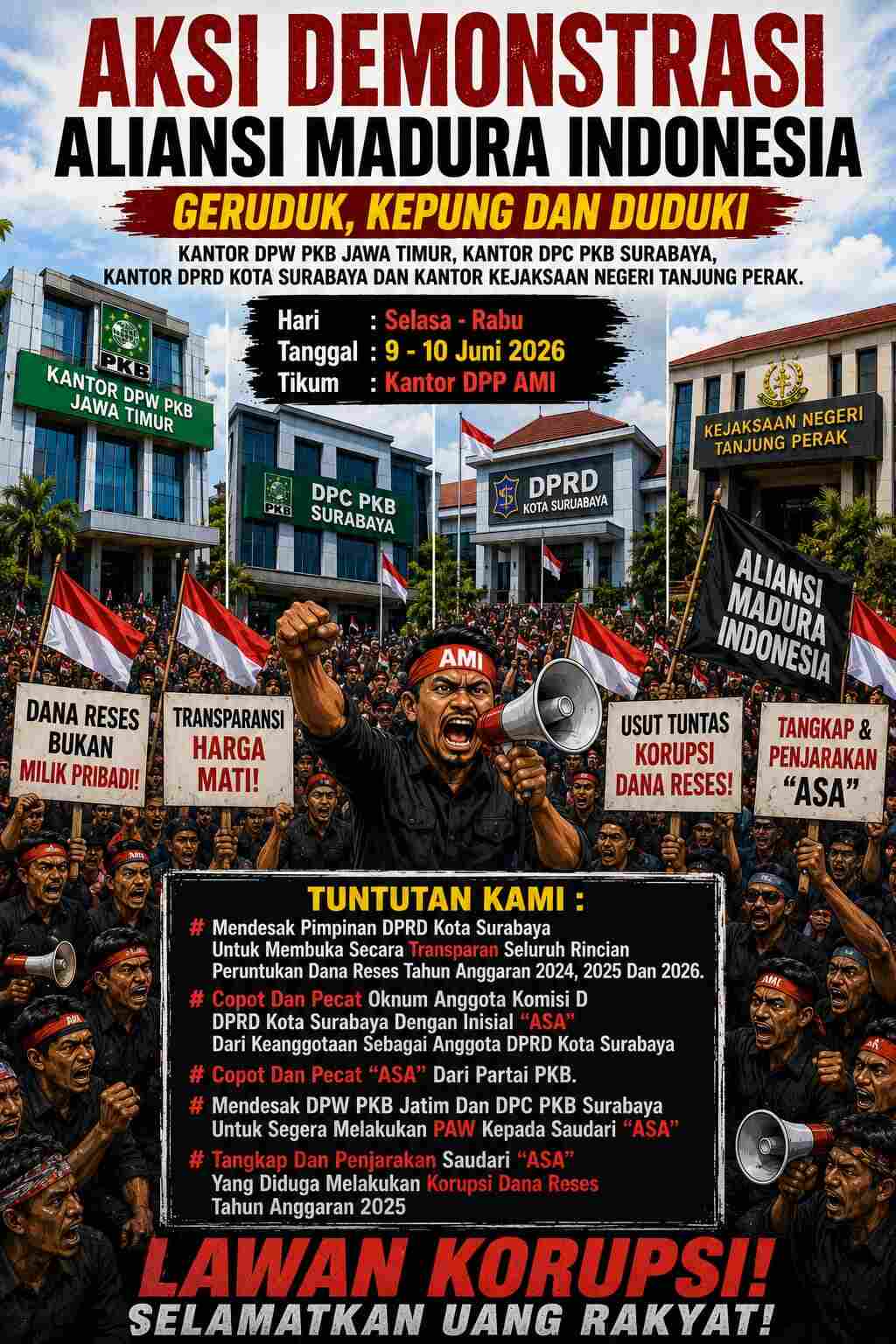 AMI Ancam Kepung DPRD Surabaya dan Kantor PKB, Dugaan Sunat Dana Reses Picu Kemarahan Publik
