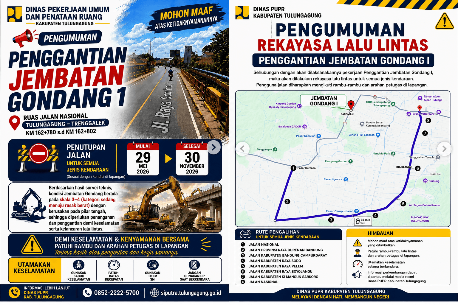 Penggantian Jembatan Gondang I, Akses Tulungagung–Trenggalek Ditutup Sementara hingga November 2026 Penggantian Jembatan Gondang I, Akses Tulungagung–Trenggalek Ditutup Sementara hingga November 2026