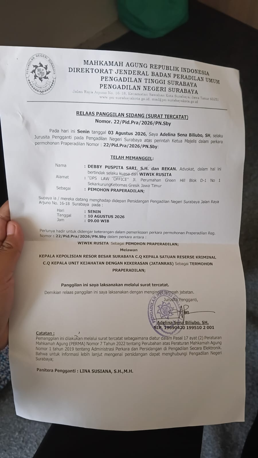 POLRESTABES SURABAYA MANGKIR SIDANG PRAPERADILAN : Korban Pengeroyokan Di Sambikerep Menanti Keadilan Dan Kepastian Hukum