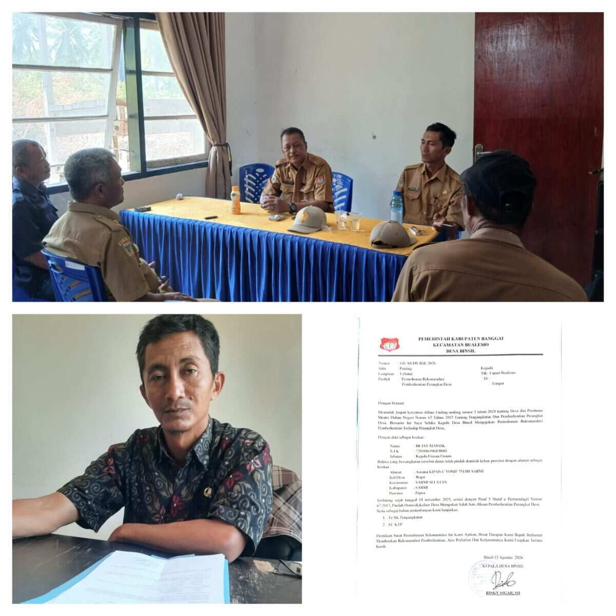 Bukti. Kades Binsil K. Tindak Lanjut Aduan Warga, Terkait Pemberhentian Perangkat Desa/Kaur Umum, Diminta Camat Bualemo Terbitkan SK .Pemberhentian.