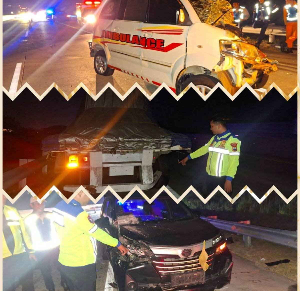 TABRAKAN BERUNTUN DI KM 379 TOL BATANG-SEMARANG, 3 PENUMPANG AMBULANS TEWAS DI TKP TABRAKAN BERUNTUN DI KM 379 TOL BATANG-SEMARANG, 3 PENUMPANG AMBULANS TEWAS DI TKP
