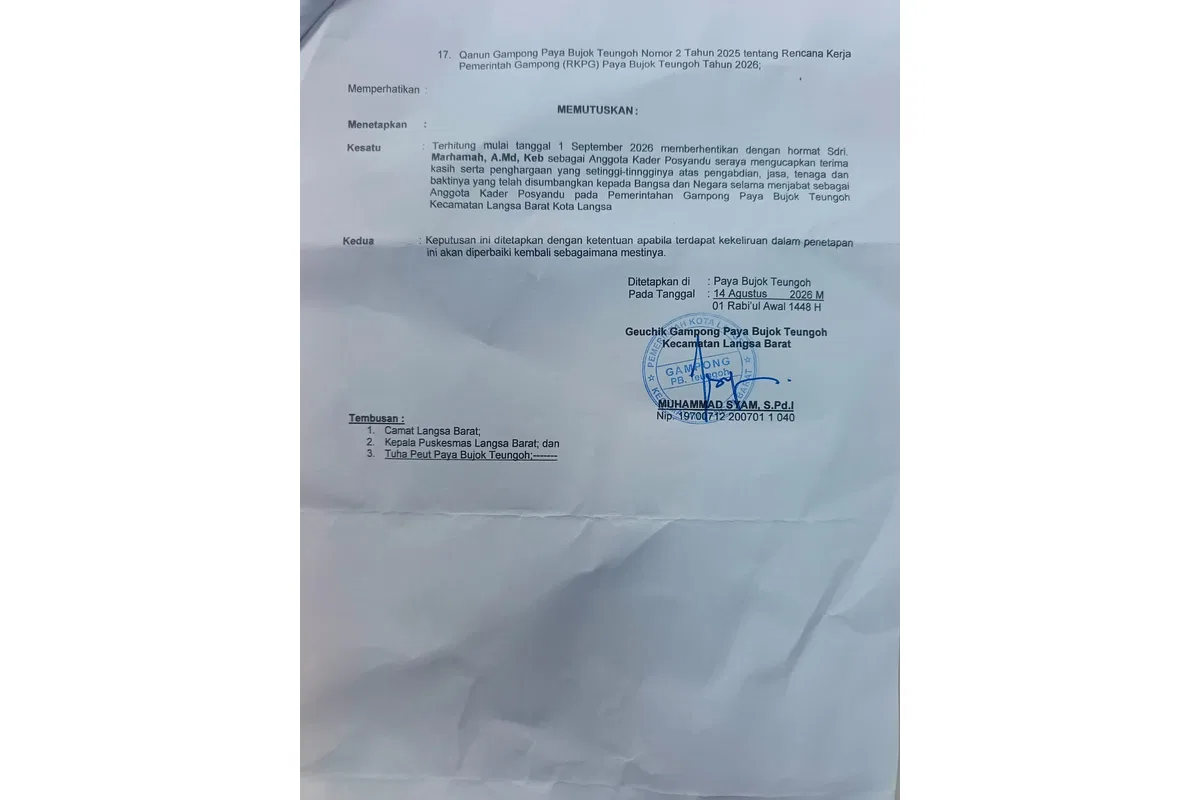 Diduga 4 Kader Di Berhentikan Secara Serentak, Oleh Geuchik Terpilih Gampong Paya Bujok Teungoh