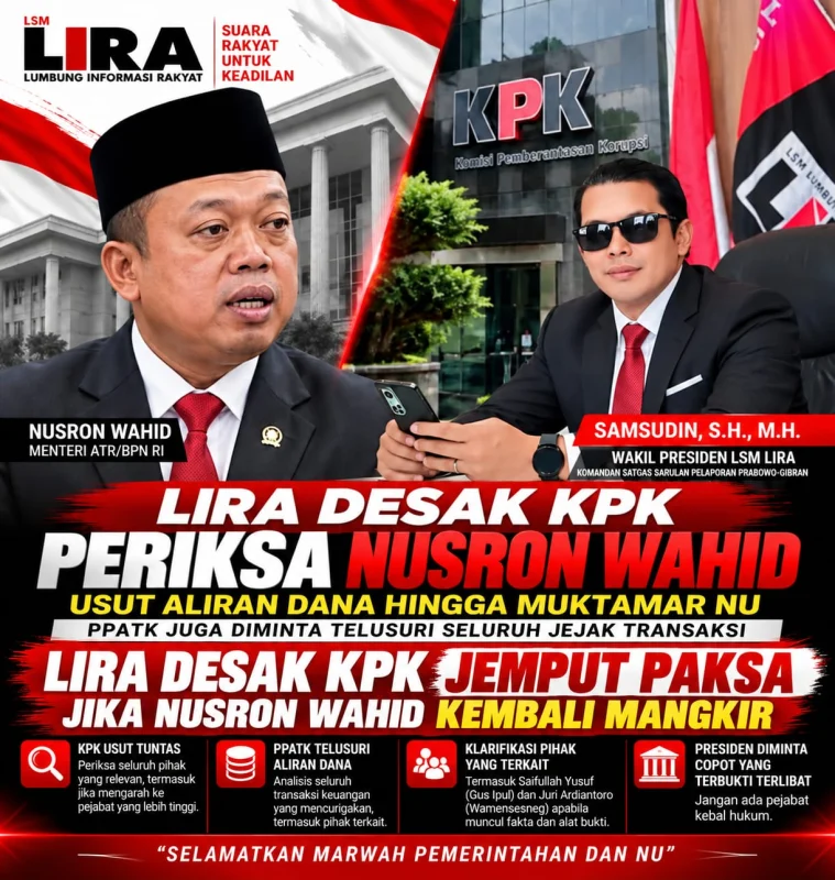 LIRA Desak KPK Usut Dugaan Dana Rp480 Miliar, Nusron Wahid Mangkir Lagi, Jemput Paksa?