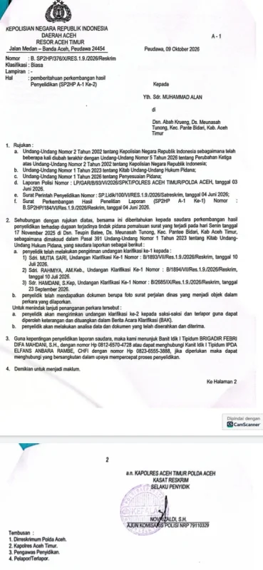 Polisi Selidiki, Dugaan Pemalsuan Surat Dinas Di Pante Bidari, Polres Aceh Timur Dan Bareskrim Terbitkan Surat Perkembangan