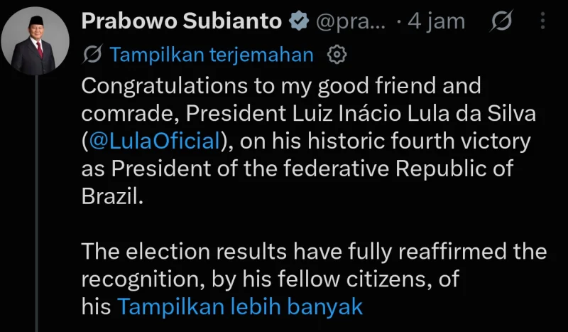 Prabowo Ucapkan Selamat atas Kemenangan Lula di Pilpres Brasil, Dorong Penguatan Hubungan Kedua Negara